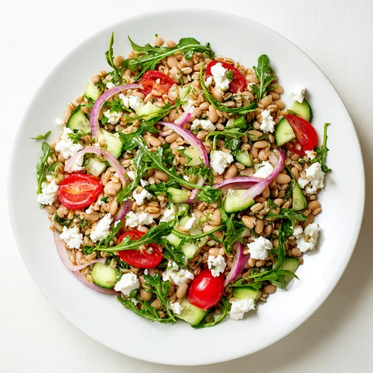 Close-up of Farro, Arugula, and White Bean Grain Salad with halved cherry tomatoes and feta crumbles on a rustic plate.