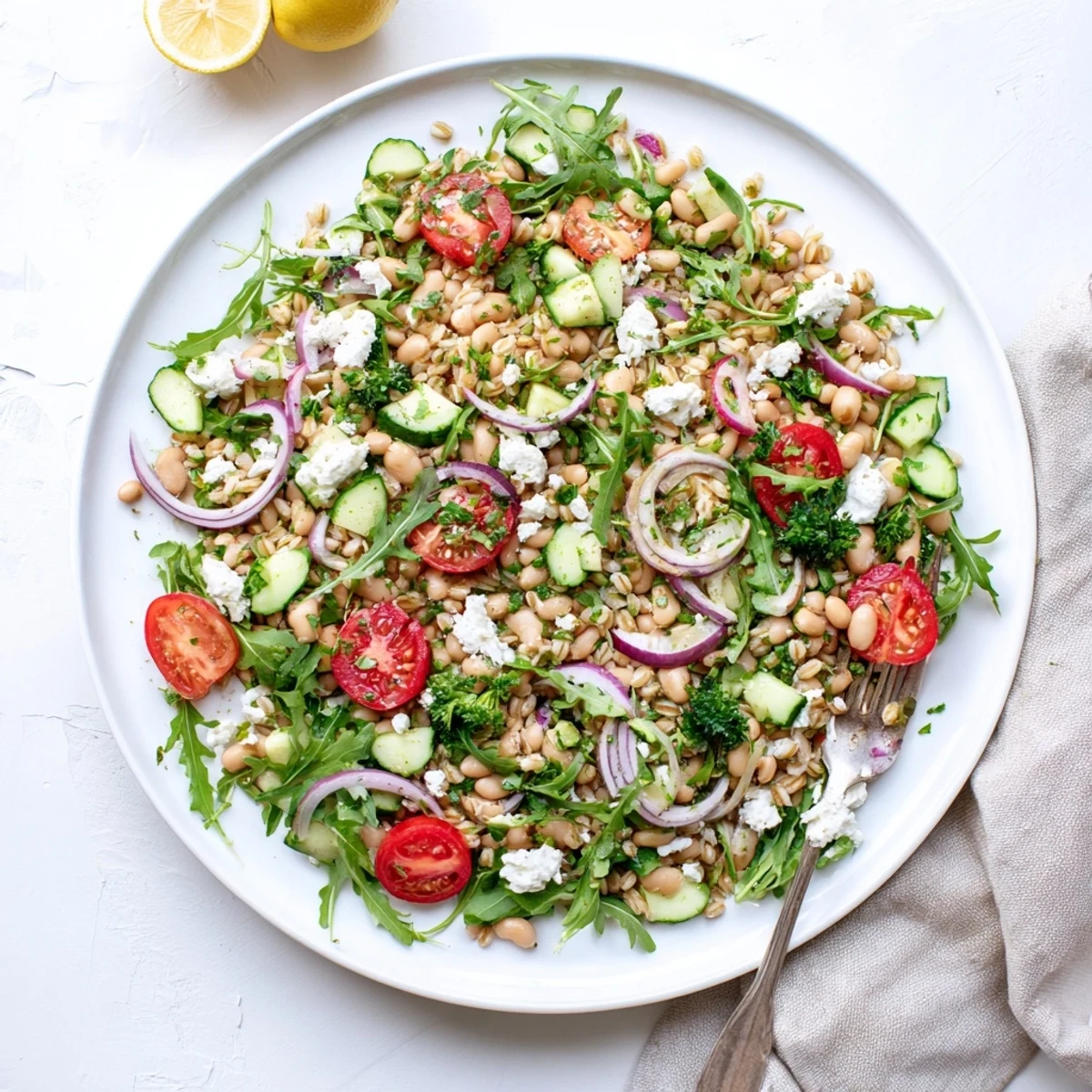 Overhead view of Farro, Arugula, and White Bean Grain Salad featuring greens, beans, and red onion slices.
