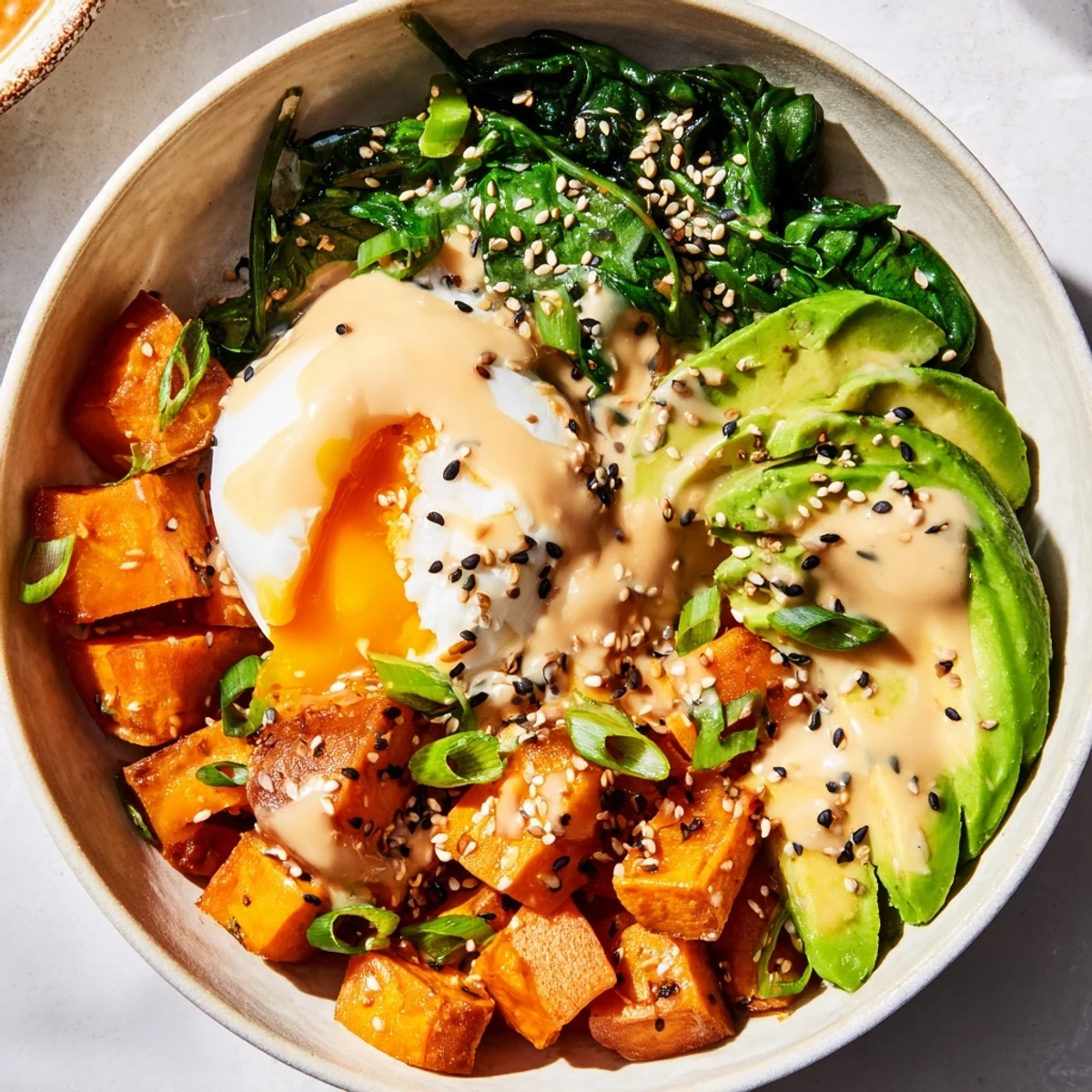 Golden roasted sweet potato cubes, creamy miso-tahini drizzle, and a soft-runny egg top this vibrant Savory Miso Sweet Potato Breakfast Bowl.