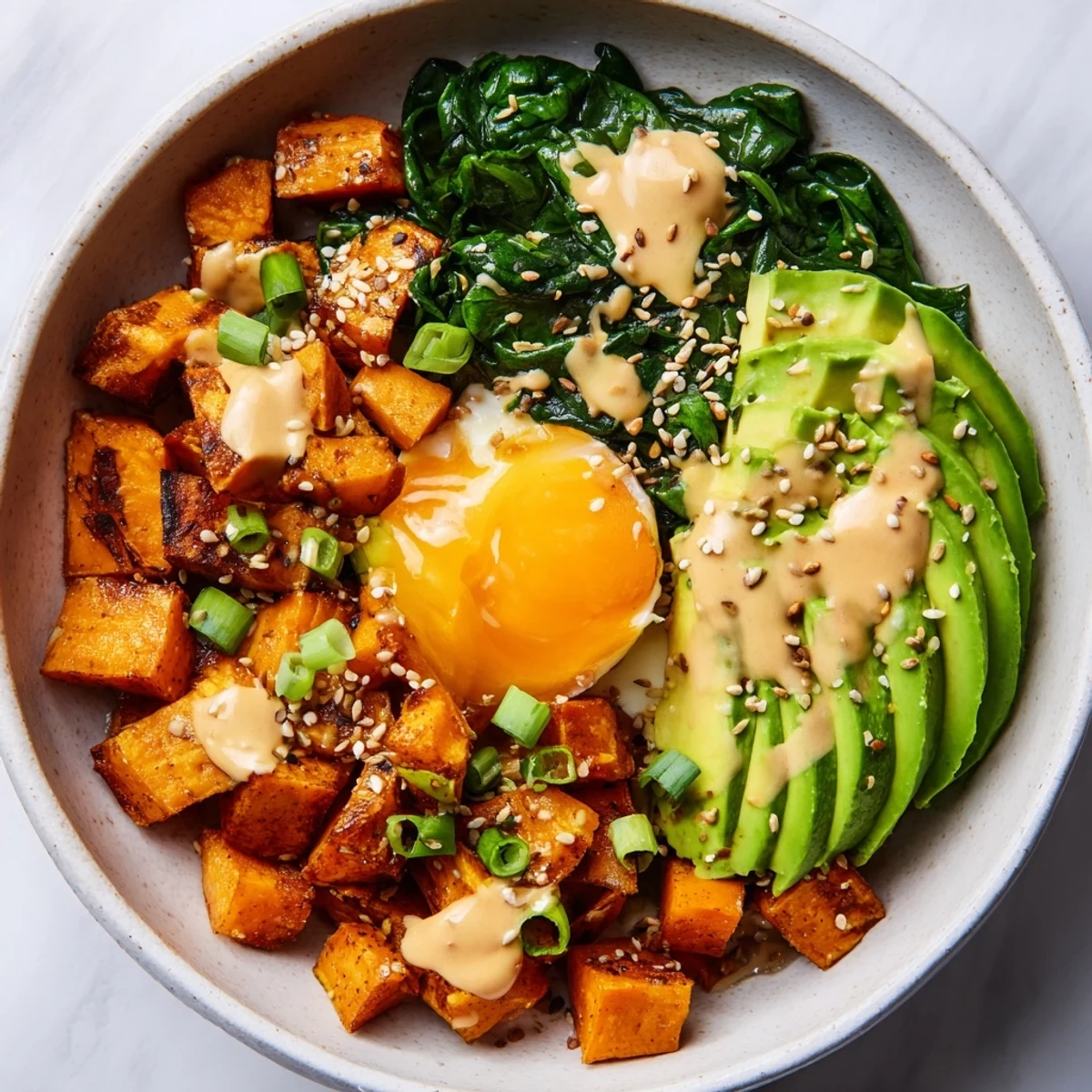 Sesame seeds and chopped scallions sprinkle over warm sweet potatoes and a poached egg in this Savory Miso Sweet Potato Breakfast Bowl.
