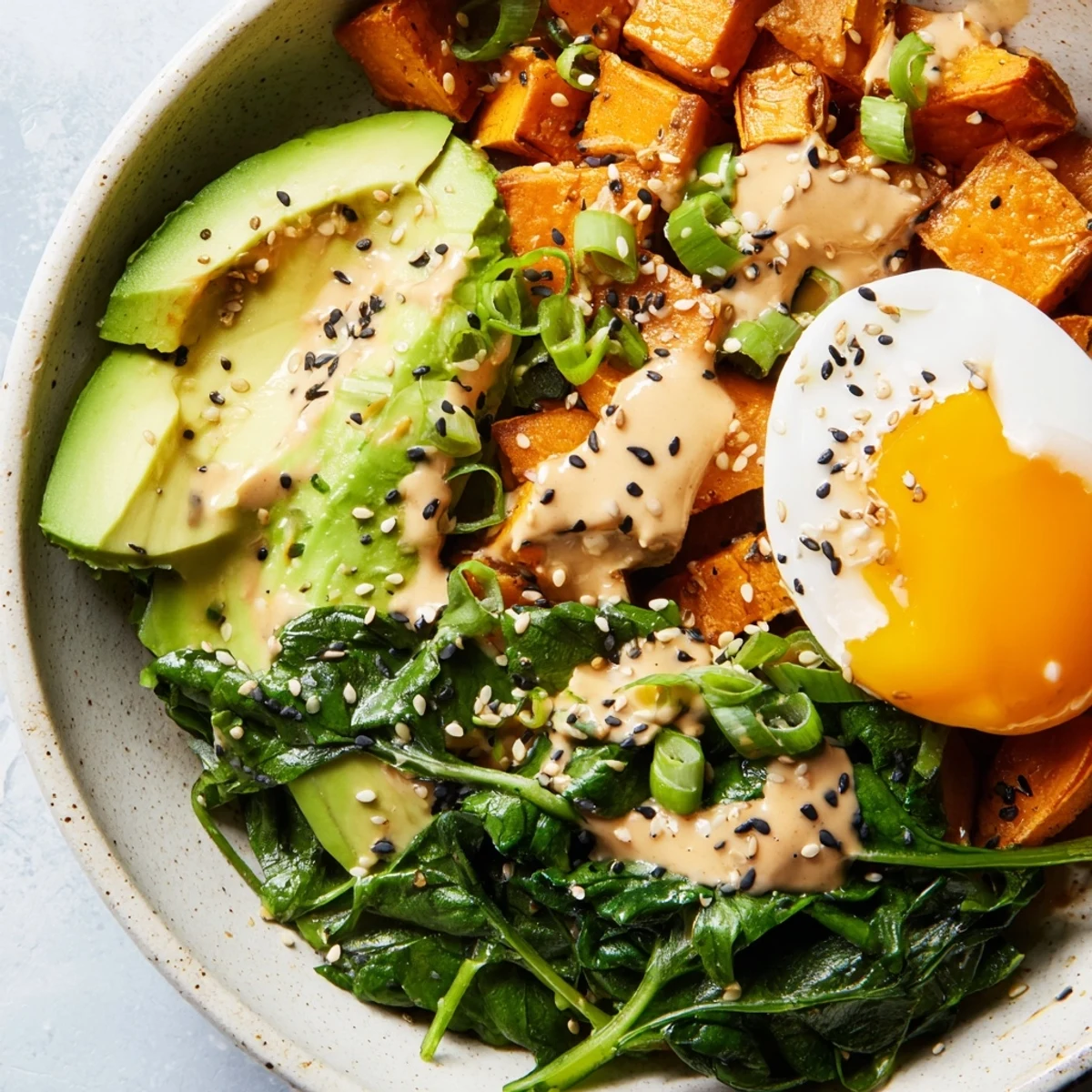 Green sautéed spinach and sliced avocado garnish this nourishing Savory Miso Sweet Potato Breakfast Bowl, perfect for a cozy morning meal.