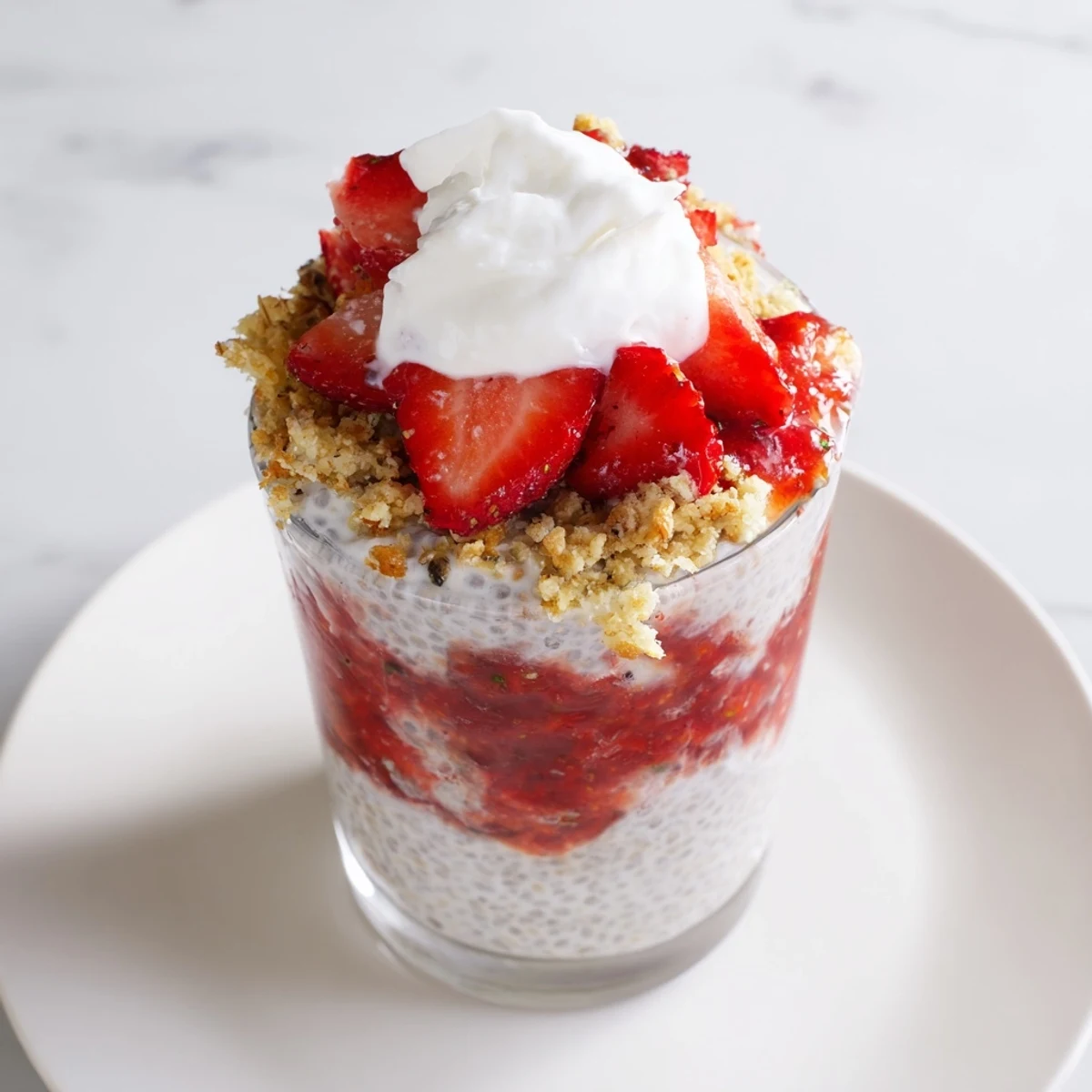 Close-up of layered Strawberry Shortcake Chia Parfait in a glass jar with creamy pudding, crumbled topping, and fresh strawberry halves.