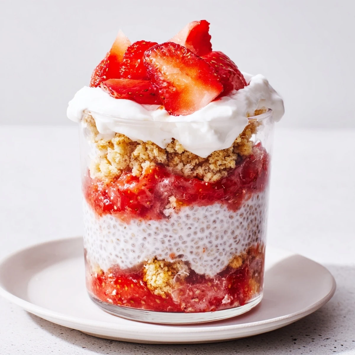Ready to serve Strawberry Shortcake Chia Parfait topped with whipped cream and a fresh strawberry garnish.