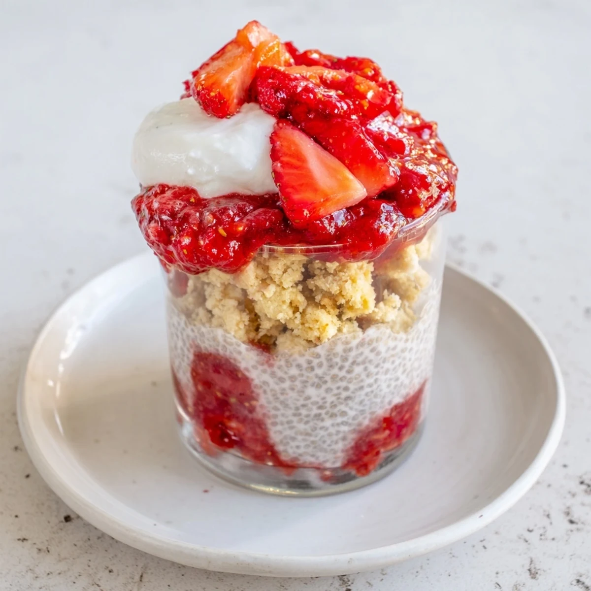 A beautiful glass reveals layers of Strawberry Shortcake Chia Parfait with golden crumble and sweet berries.