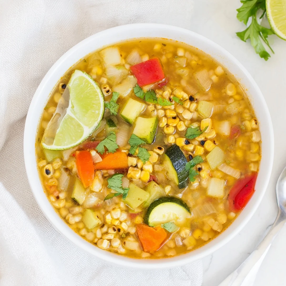 Vibrant fire roasted corn and zucchini hearty soup steams in a rustic bowl, garnished with fresh parsley and lime wedges.
