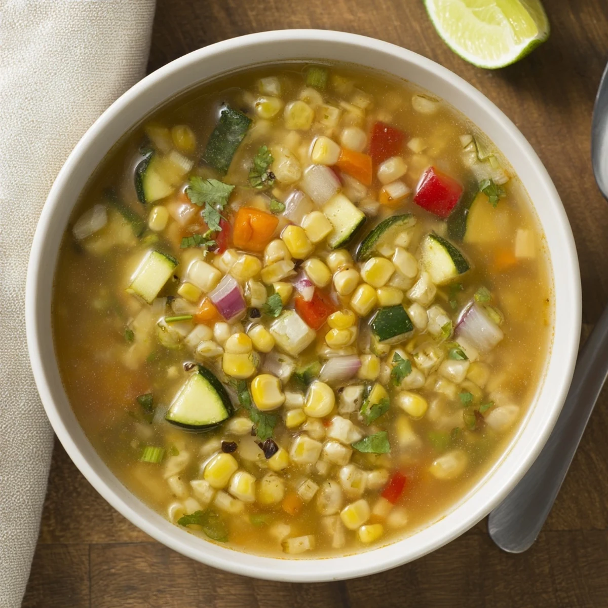 Fire roasted corn and zucchini hearty soup served in a cozy mug with crusty bread on the side for dipping.