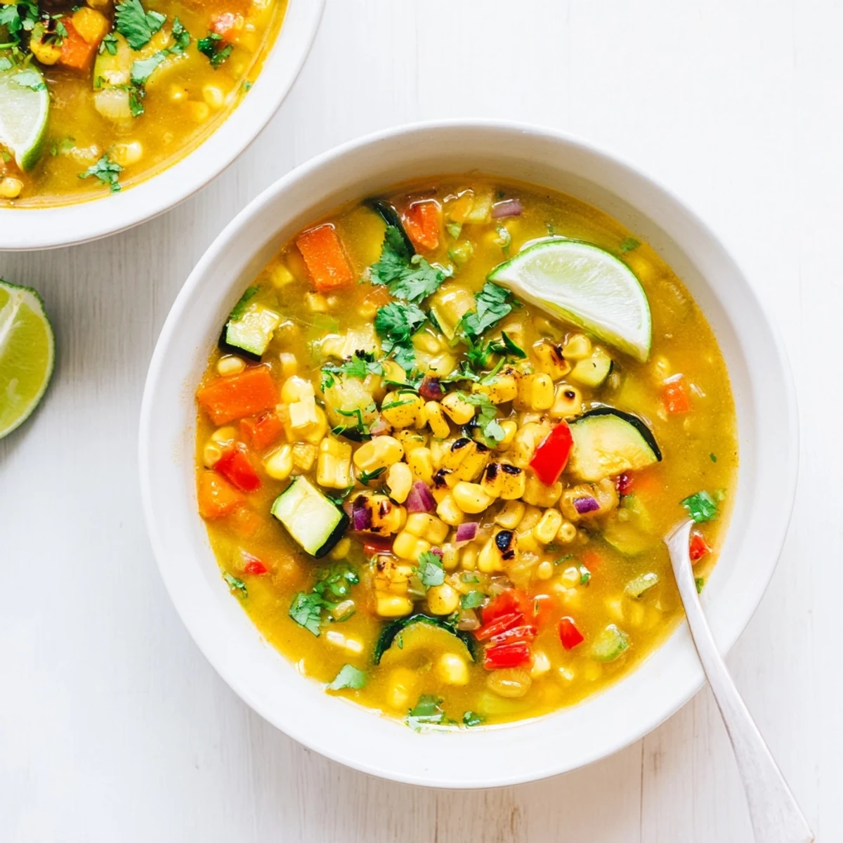 Hearty fire roasted corn and zucchini hearty soup in a colorful pot, featuring charred kernels and tender diced zucchini.