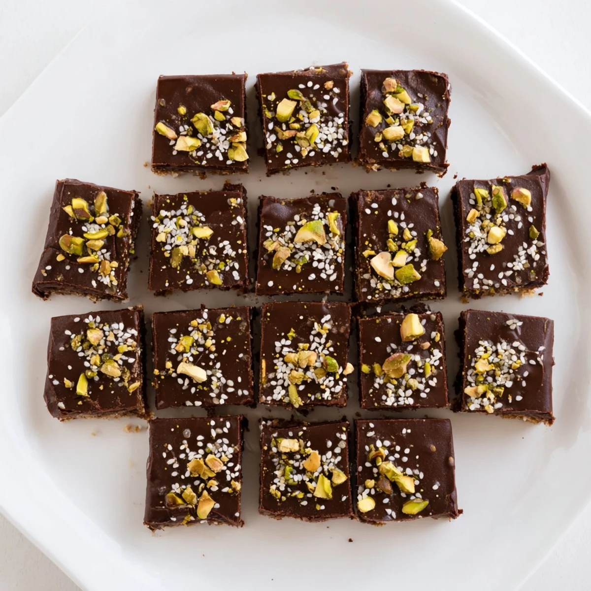 Golden-brown squares of Dark Chocolate Tahini Freezer Fudge topped with sesame seeds sit on a wooden board.