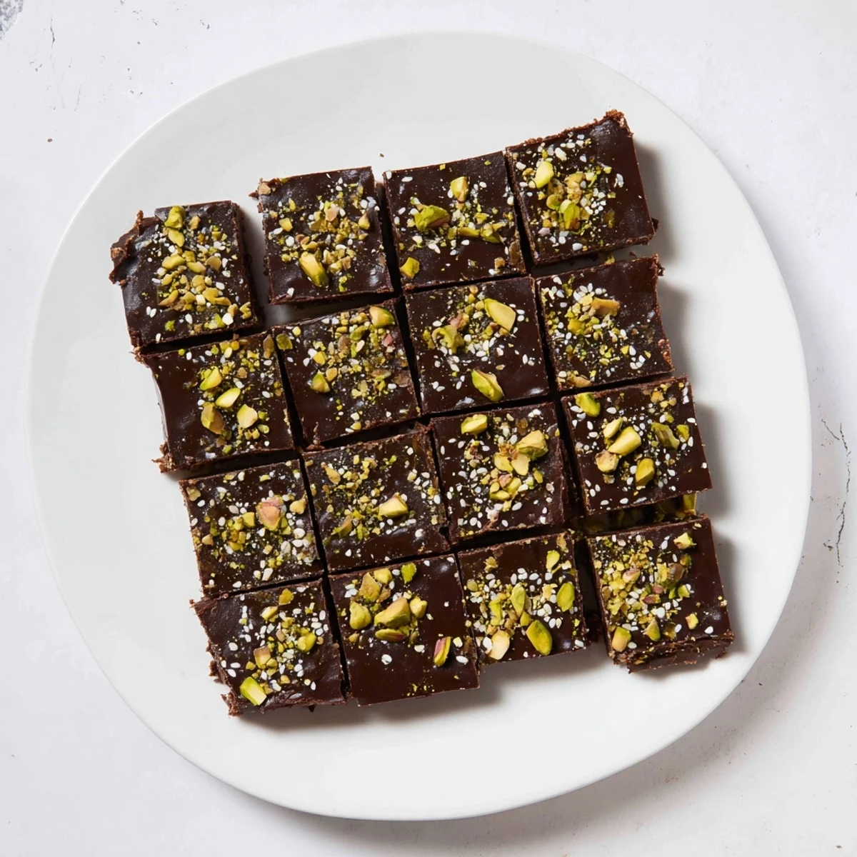 A close-up view of creamy Dark Chocolate Tahini Freezer Fudge squares stacked with chopped pistachios and sea salt.