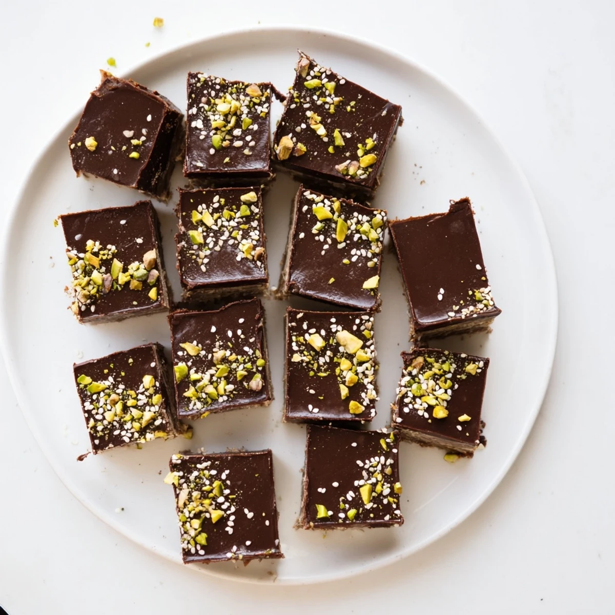 Dark Chocolate Tahini Freezer Fudge squares arranged on a marble slab, ready to serve with a steaming cup of coffee.