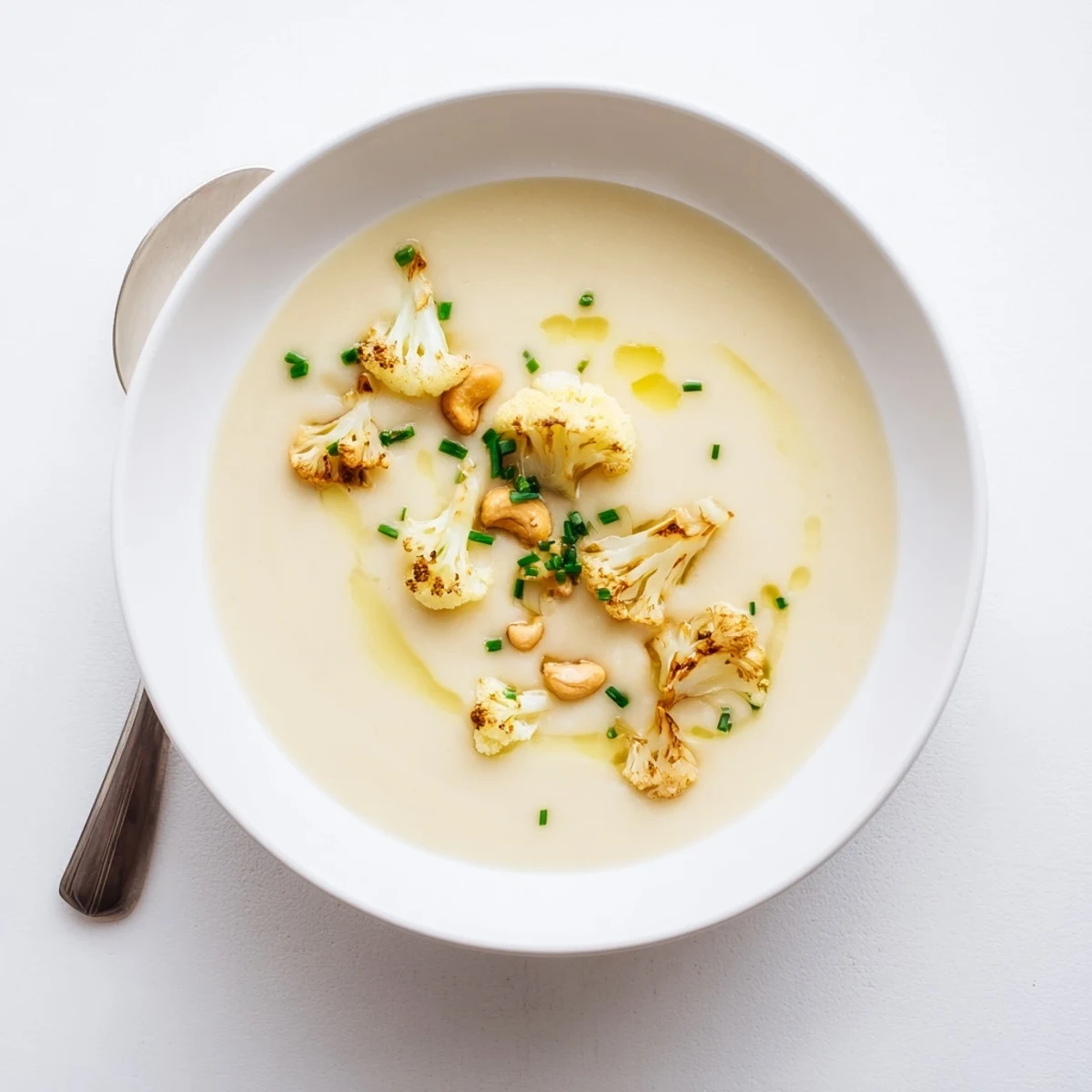 A close-up of Roasted Garlic Cauliflower Cashew Hearty Soup in a rustic bowl, topped with toasted cashews and fresh chives.