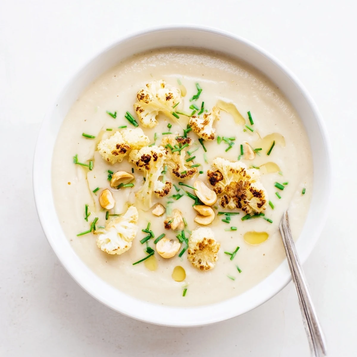 Smooth and velvety Roasted Garlic Cauliflower Cashew Hearty Soup garnished with a drizzle of olive oil and herbs.
