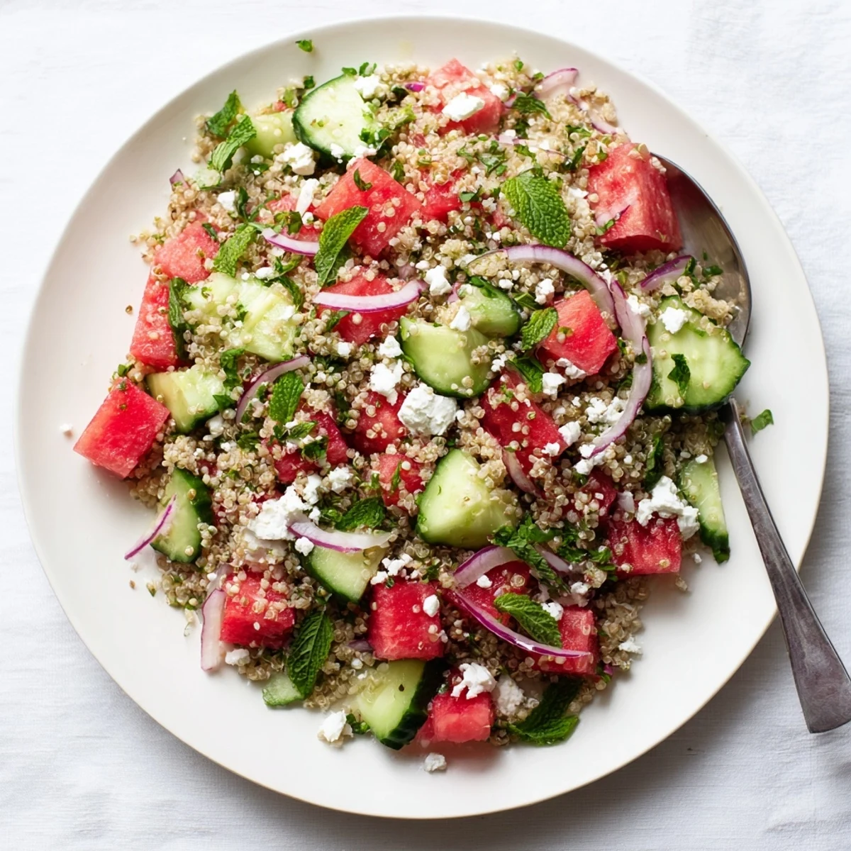 Cubed watermelon, cucumber, and fresh mint combine in a chilled Watermelon Mint Quinoa Grain Salad served with lime dressing.