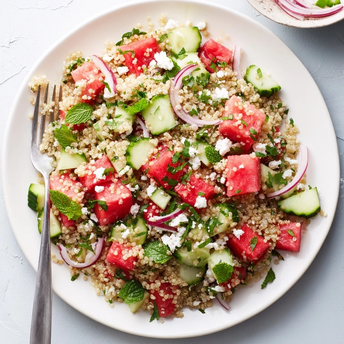 Juicy watermelon and fluffy quinoa make up this refreshing Watermelon Mint Quinoa Grain Salad, perfect for a light lunch.