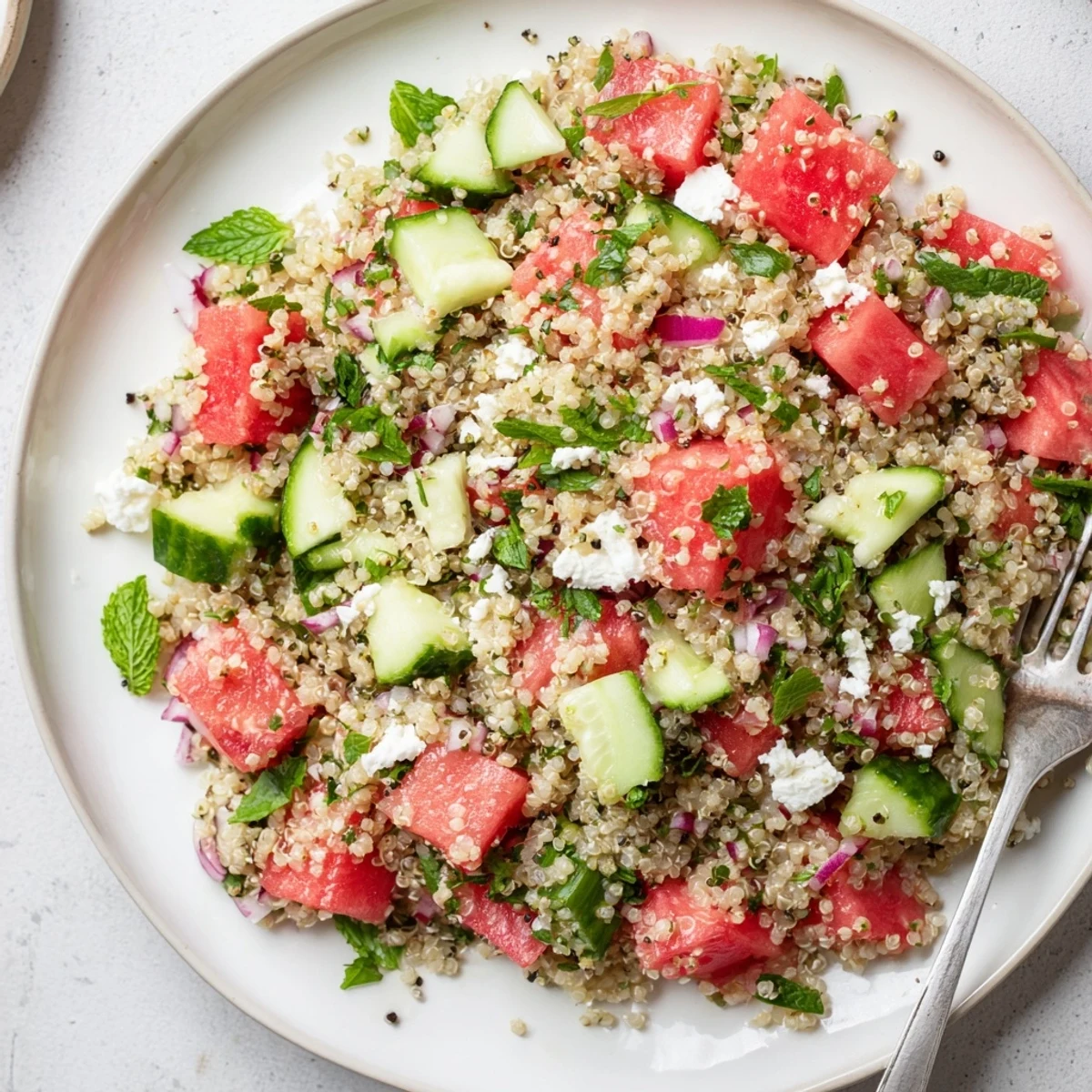 A bright bowl of Watermelon Mint Quinoa Grain Salad topped with crumbled feta, parsley, and a simple honey-lime vinaigrette.