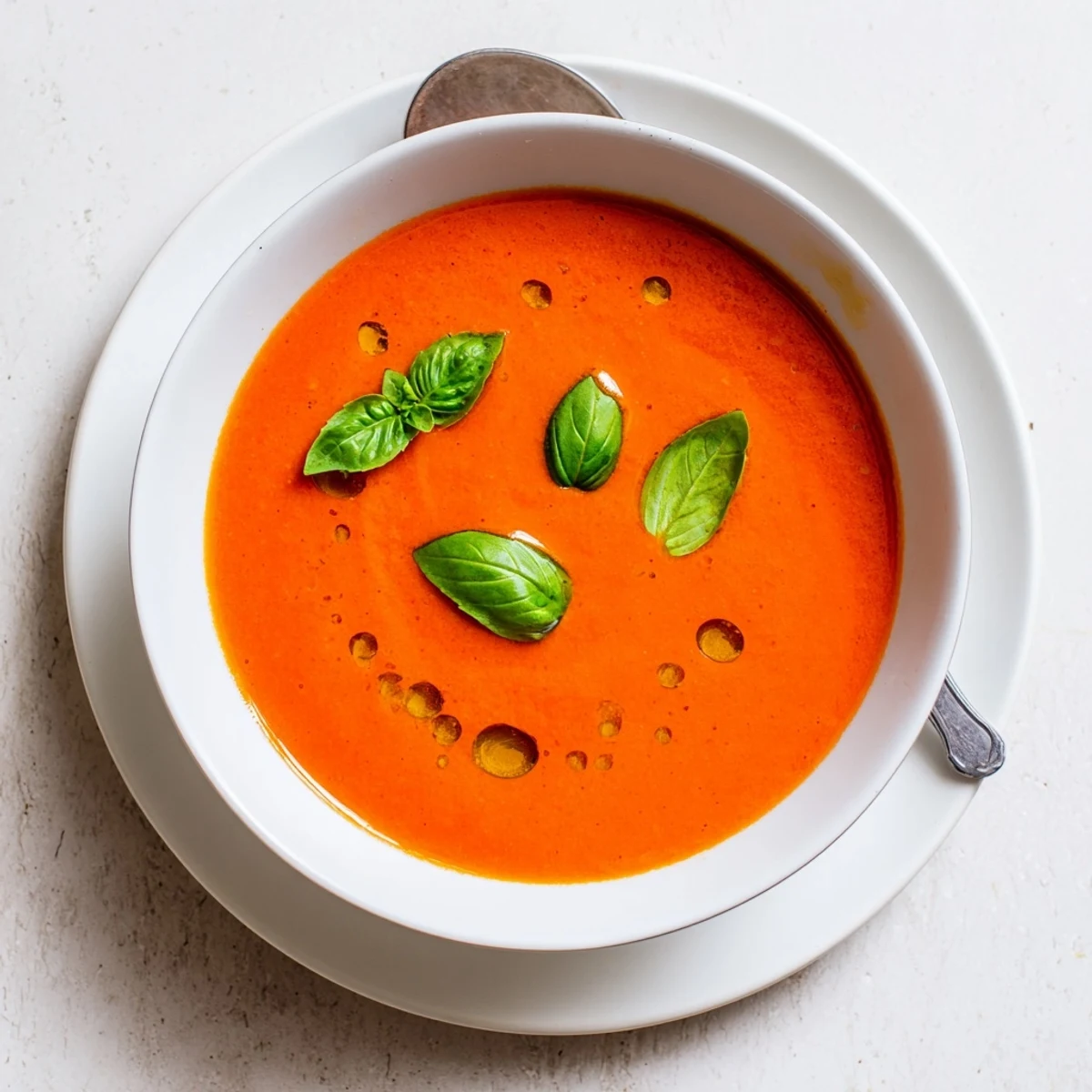 Fresh basil and a drizzle of olive oil top this Creamy Roasted Tomato Basil Hearty Soup served beside warm artisan bread.