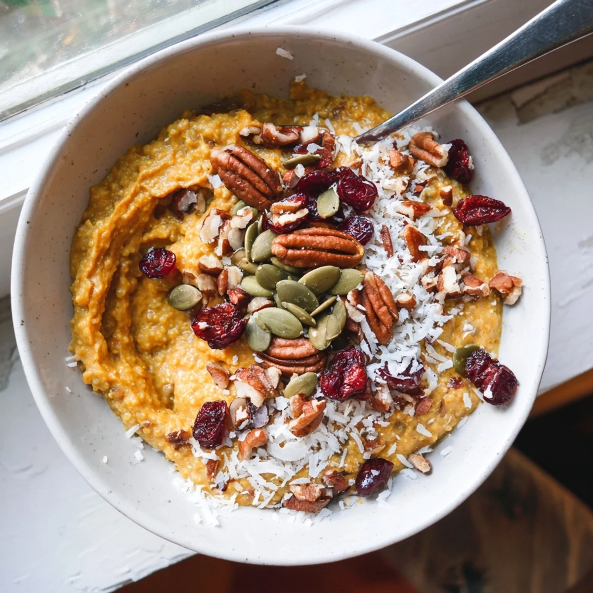 A warm Pumpkin Spice Millet Breakfast Bowl topped with pecans and cranberries, ready to eat.