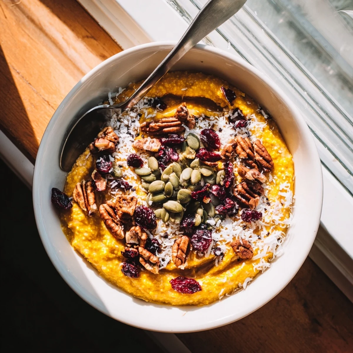 A nourishing Pumpkin Spice Millet Breakfast Bowl garnished with pumpkin seeds and a maple drizzle.