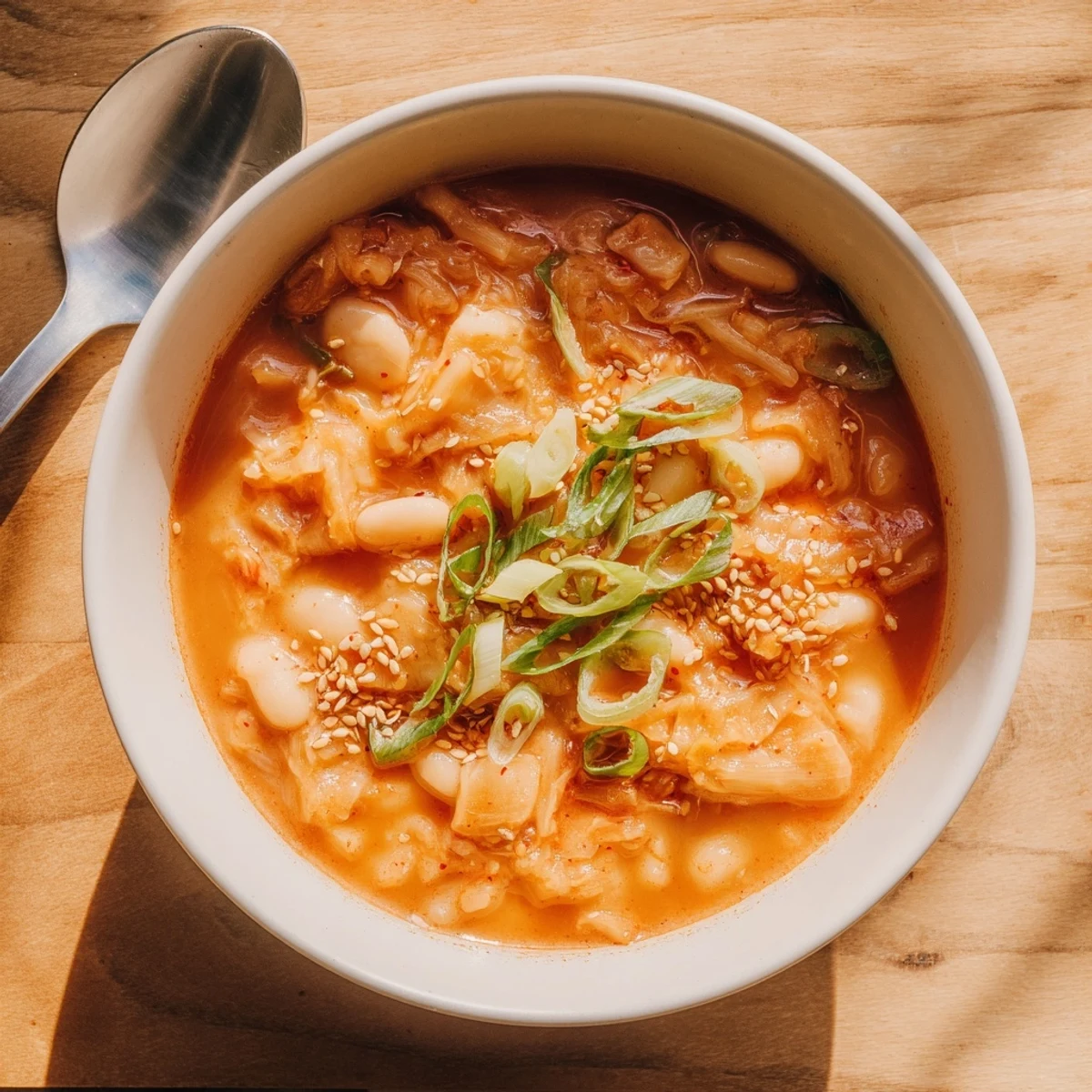 Close-up image showing Spicy Kimchi White Bean Hearty Soup in a deep bowl, garnished with fresh green onions and sesame seeds.