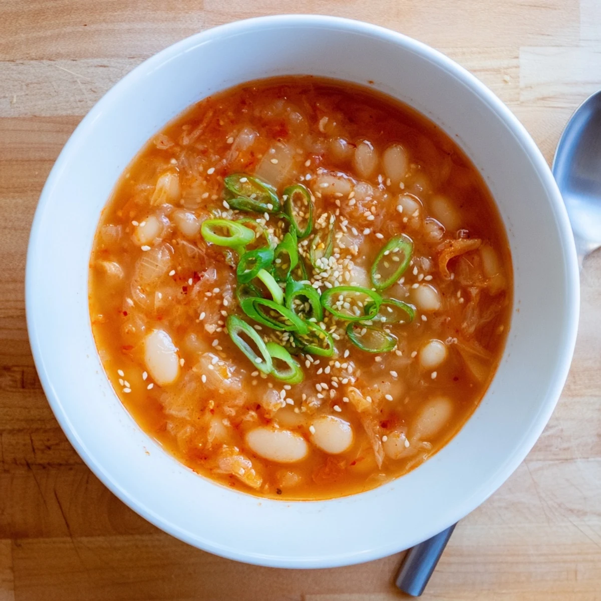 A steaming bowl of Spicy Kimchi White Bean Hearty Soup with visible tender beans and vibrant red broth, served in a rustic ceramic mug.