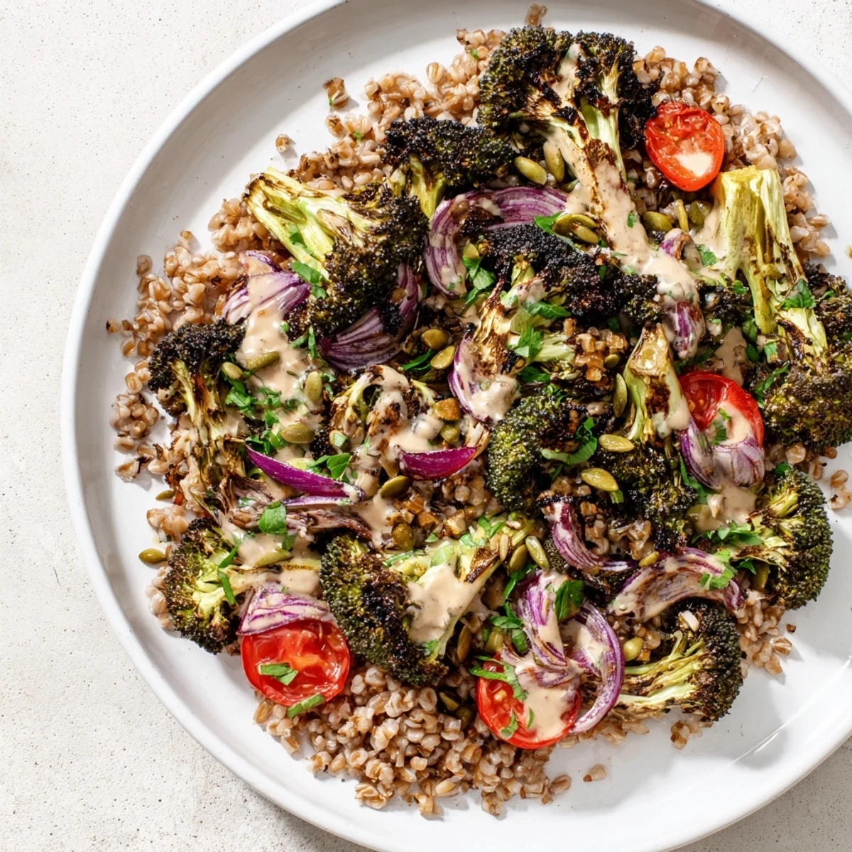 Charred broccoli and tahini farro grain salad with creamy dressing, cherry tomatoes, and crunchy pumpkin seeds on a white plate.