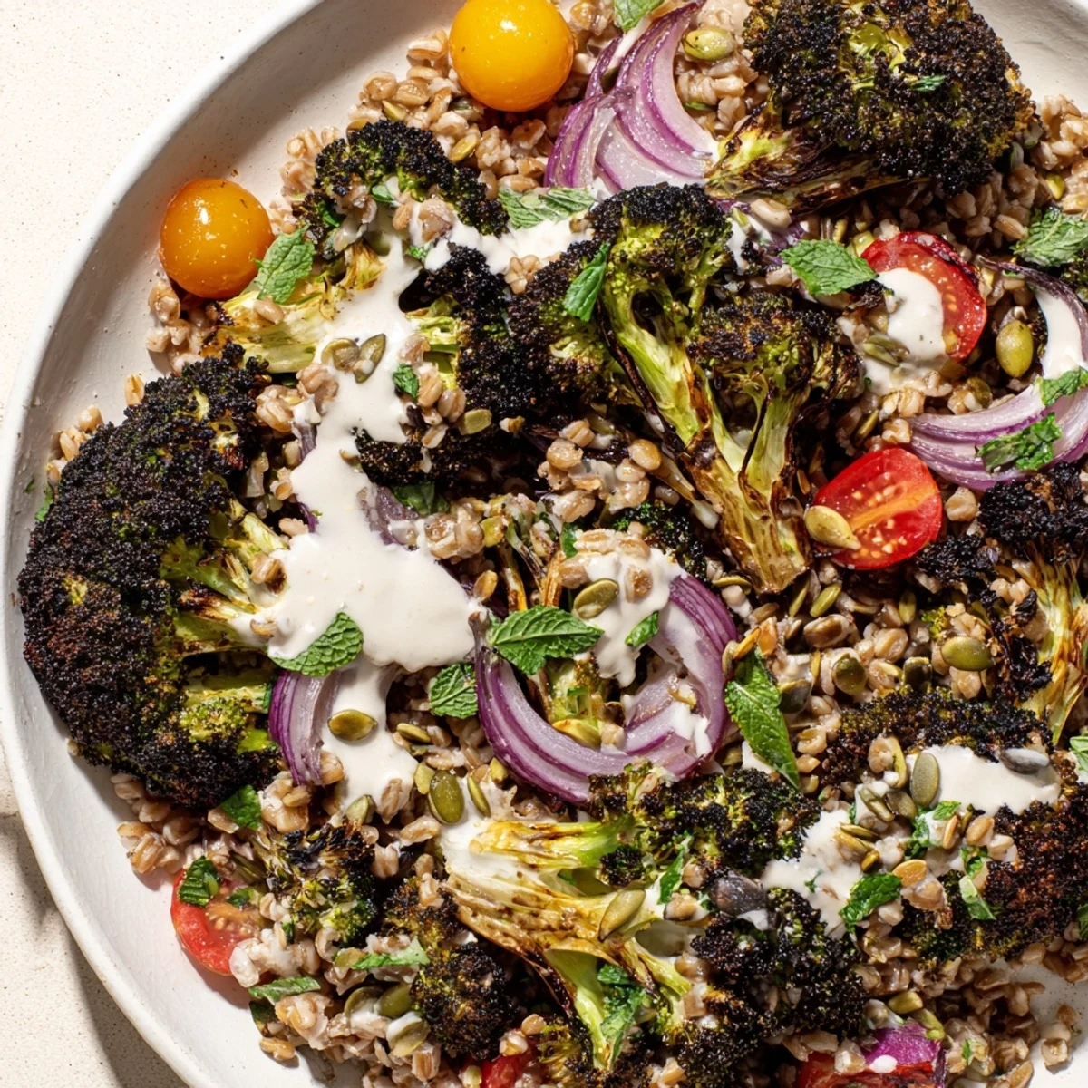 Serving suggestion for charred broccoli and tahini farro grain salad with fresh parsley and mint, paired with a glass of Sauvignon Blanc.