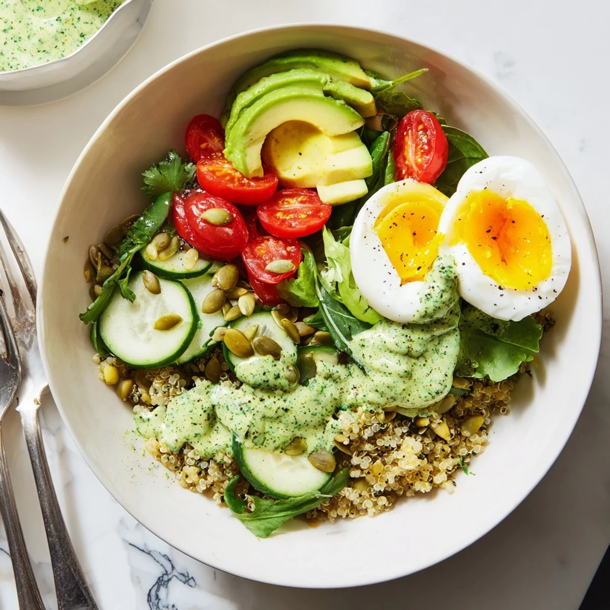 Savory Green Goddess Quinoa Breakfast Bowl topped with creamy avocado, cherry tomatoes, and a drizzle of bright green dressing for a fresh morning meal.