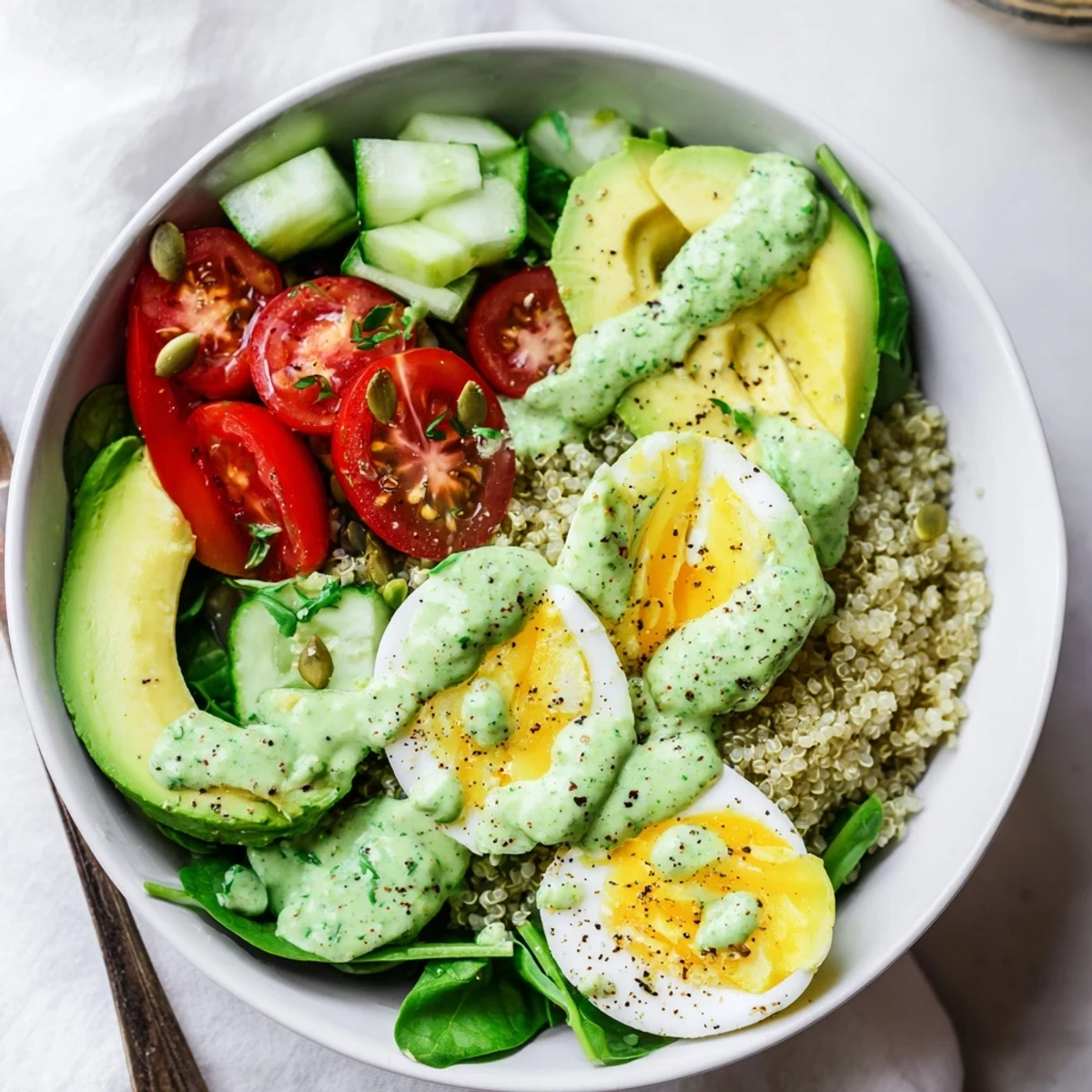 Tender quinoa and crisp greens form the base of this Savory Green Goddess Quinoa Breakfast Bowl, served with sliced cucumber and a zesty herb dressing.
