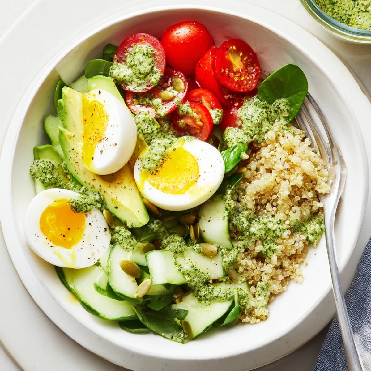 A nourishing Savory Green Goddess Quinoa Breakfast Bowl featuring fluffy quinoa, ripe avocado, soft-boiled eggs, and a creamy, tangy green goddess sauce.