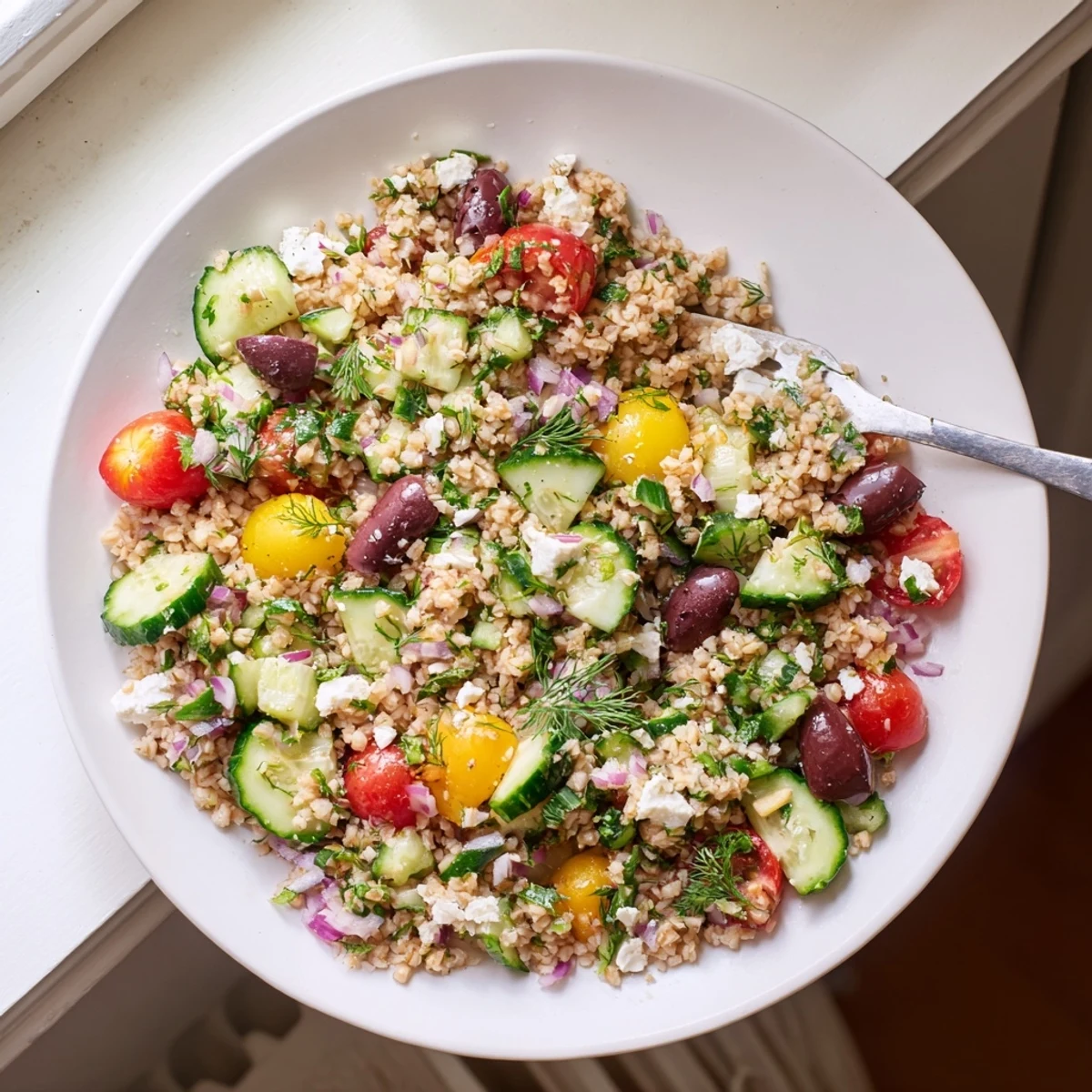 Freshly cooked Mediterranean Bulgur and Herb Grain Salad in a white bowl showcases fluffy bulgur, diced cucumbers, and bright cherry tomatoes.