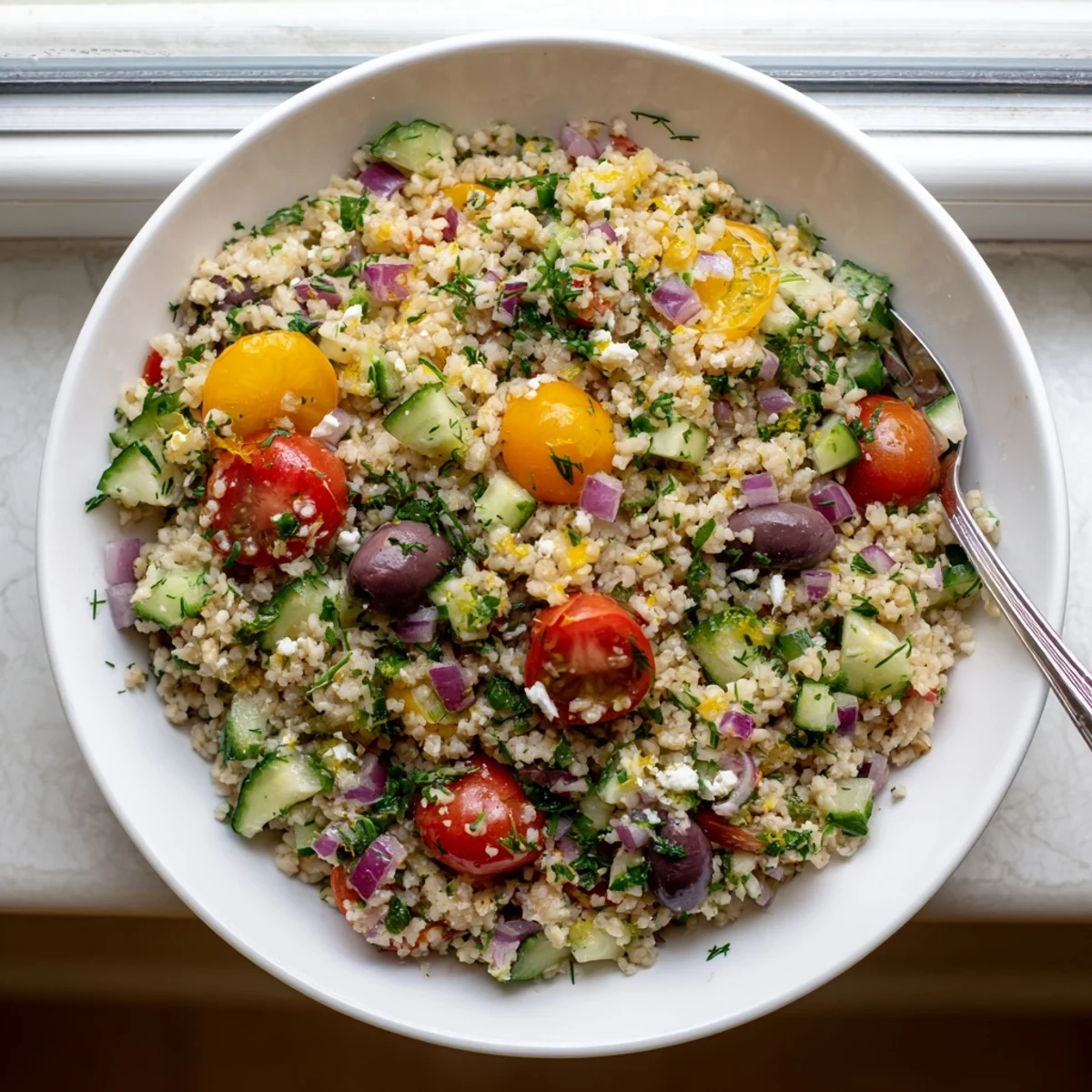 Close-up of Mediterranean Bulgur and Herb Grain Salad tossed with parsley, mint, and dill, drizzled with lemon-olive oil dressing.