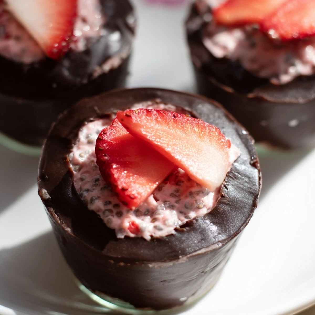 Chocolate Covered Strawberry Chia Cups displayed in jars, perfect for a sweet, gluten-free dessert or snack.