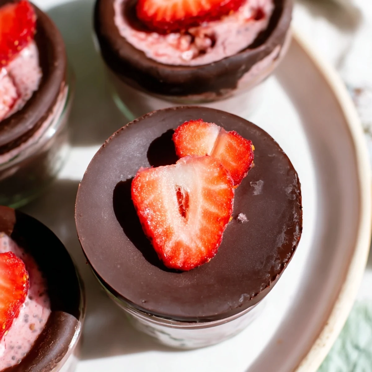 A close-up of layered Chocolate Covered Strawberry Chia Cups with creamy pink pudding and a glossy chocolate shell.
