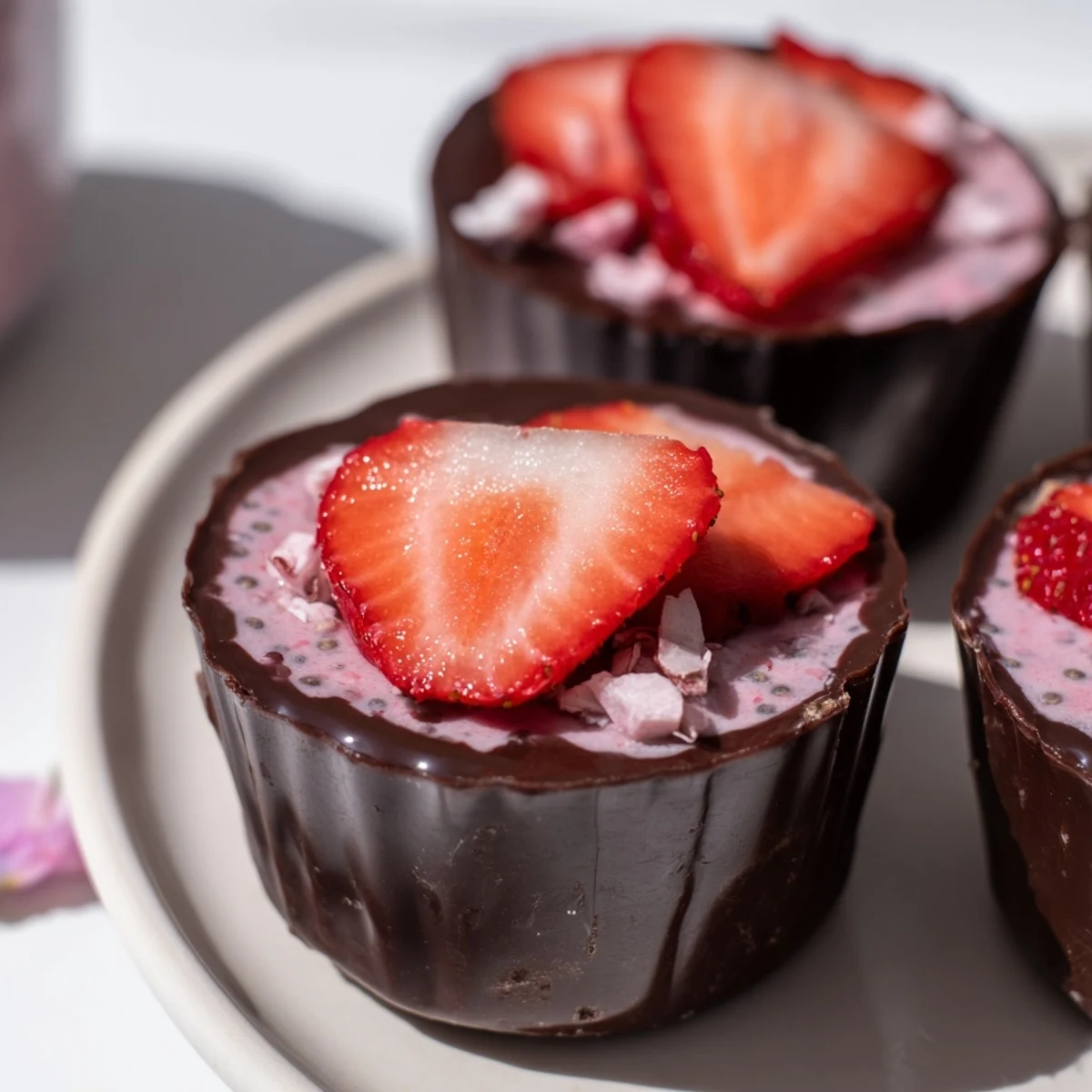 Six chilled Chocolate Covered Strawberry Chia Cups topped with fresh strawberry slices, ready to serve.