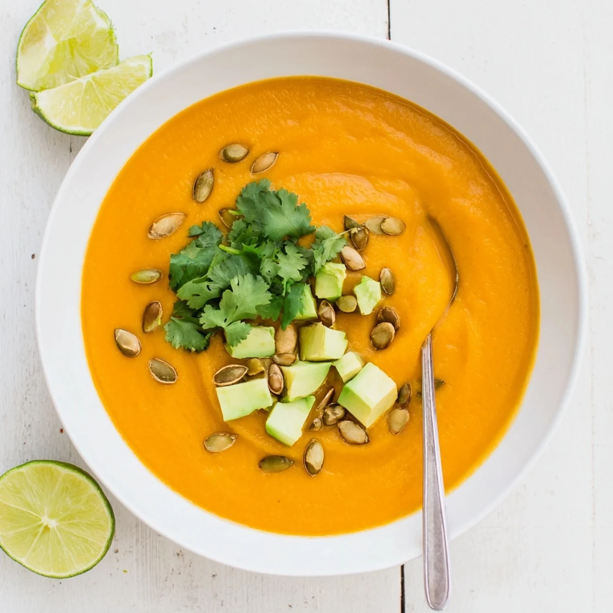 Steaming bowls of Smoky Chipotle Sweet Potato Hearty Soup topped with cilantro and avocado.