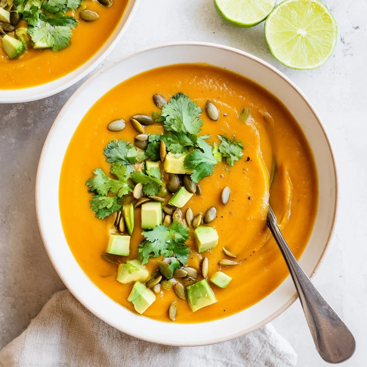 Creamy Smoky Chipotle Sweet Potato Hearty Soup garnished with pumpkin seeds and a lime wedge.