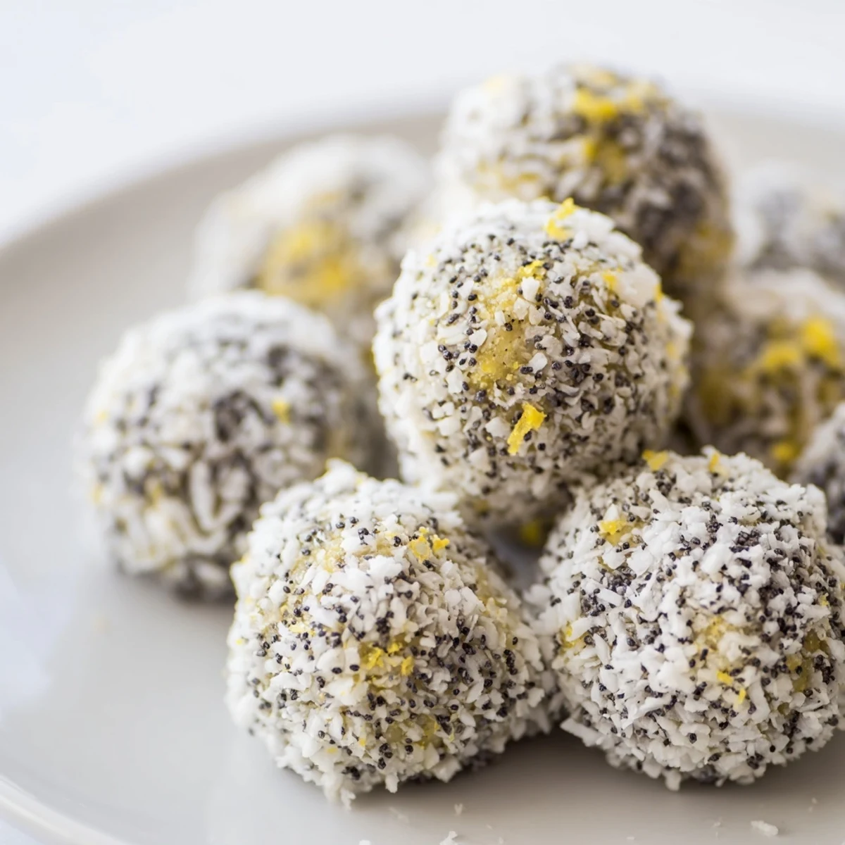 Freshly rolled Lemon Poppy Seed Cashew Bliss Sweet Treat balls coated in shredded coconut on parchment paper.