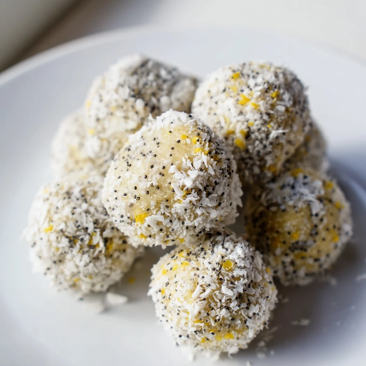 Gluten-free Lemon Poppy Seed Cashew Bliss Sweet Treat served with chamomile tea on a rustic table.