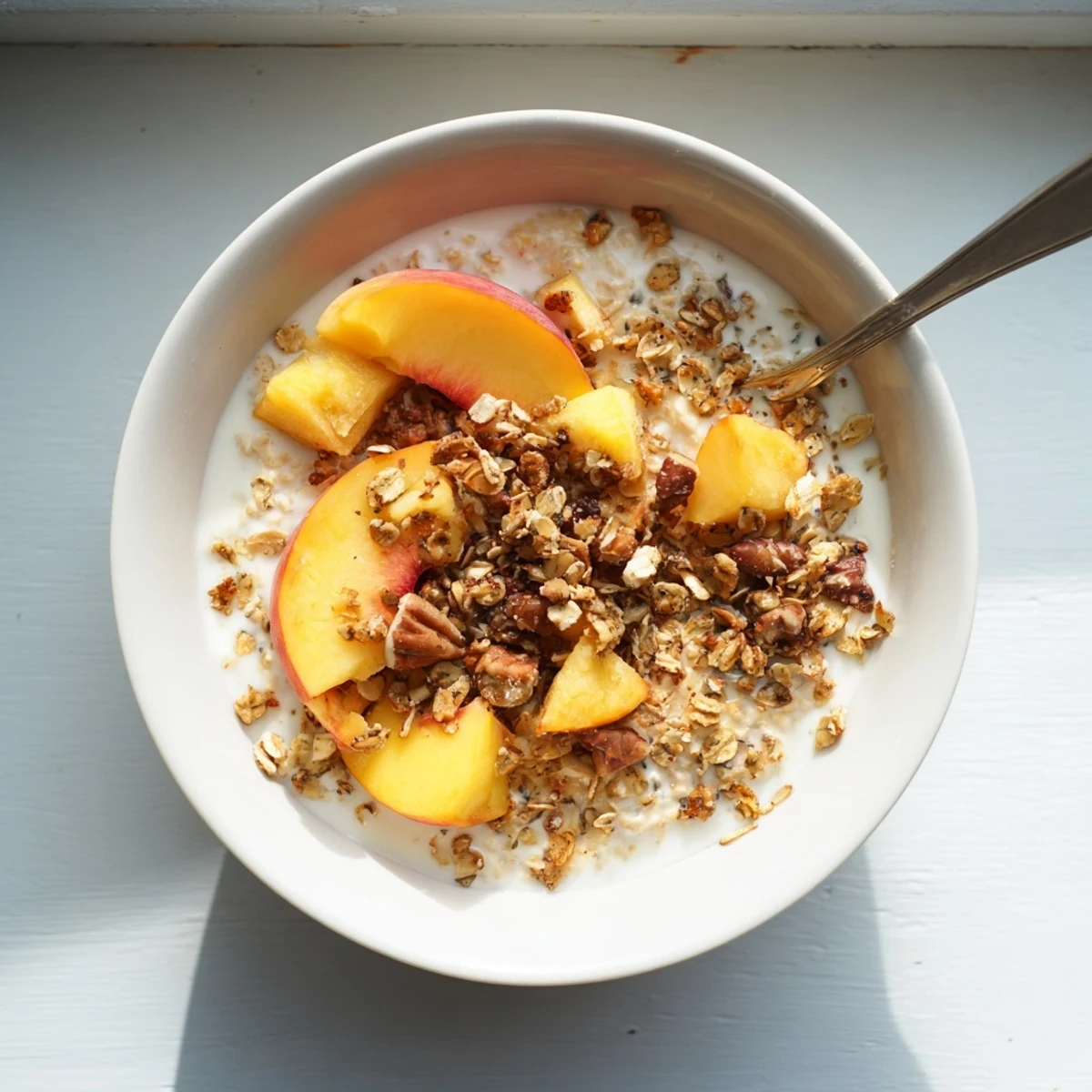 Creamy overnight oats topped with juicy diced peaches and crunchy pecans in a jar, featuring the Peach Cobbler Overnight Oats Breakfast Bowl.