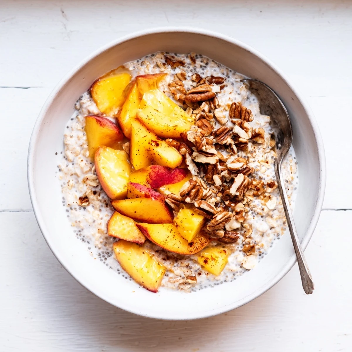 Layered Peach Cobbler Overnight Oats Breakfast Bowl in a glass jar, garnished with granola and walnuts, perfect for an easy chilled breakfast.