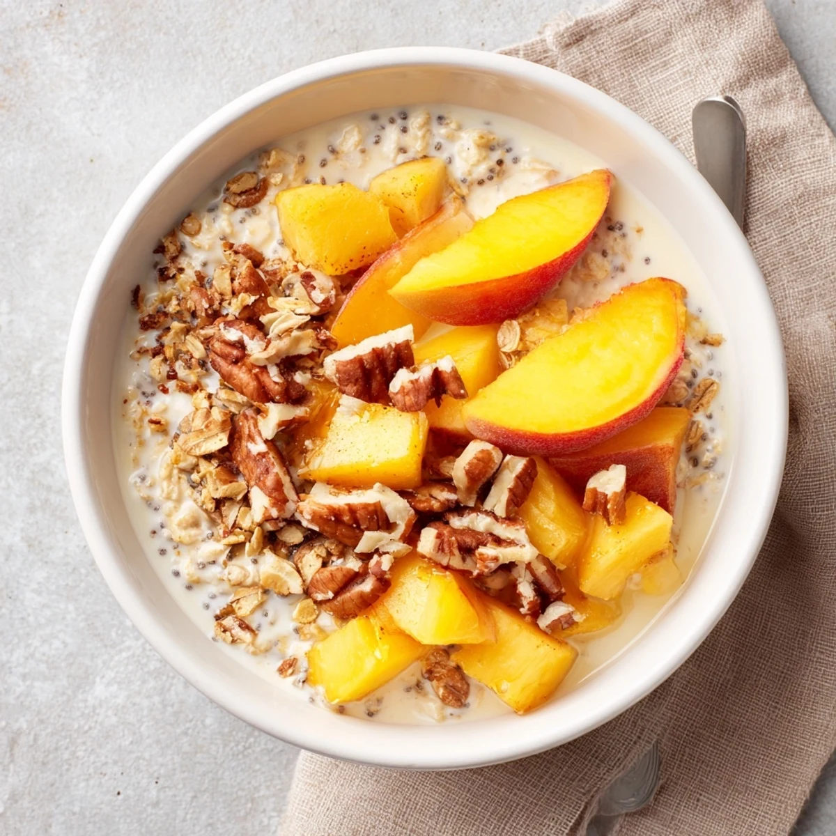 A close-up of Peach Cobbler Overnight Oats Breakfast Bowl in a glass jar, topped with diced peaches and a sprinkle of cinnamon.