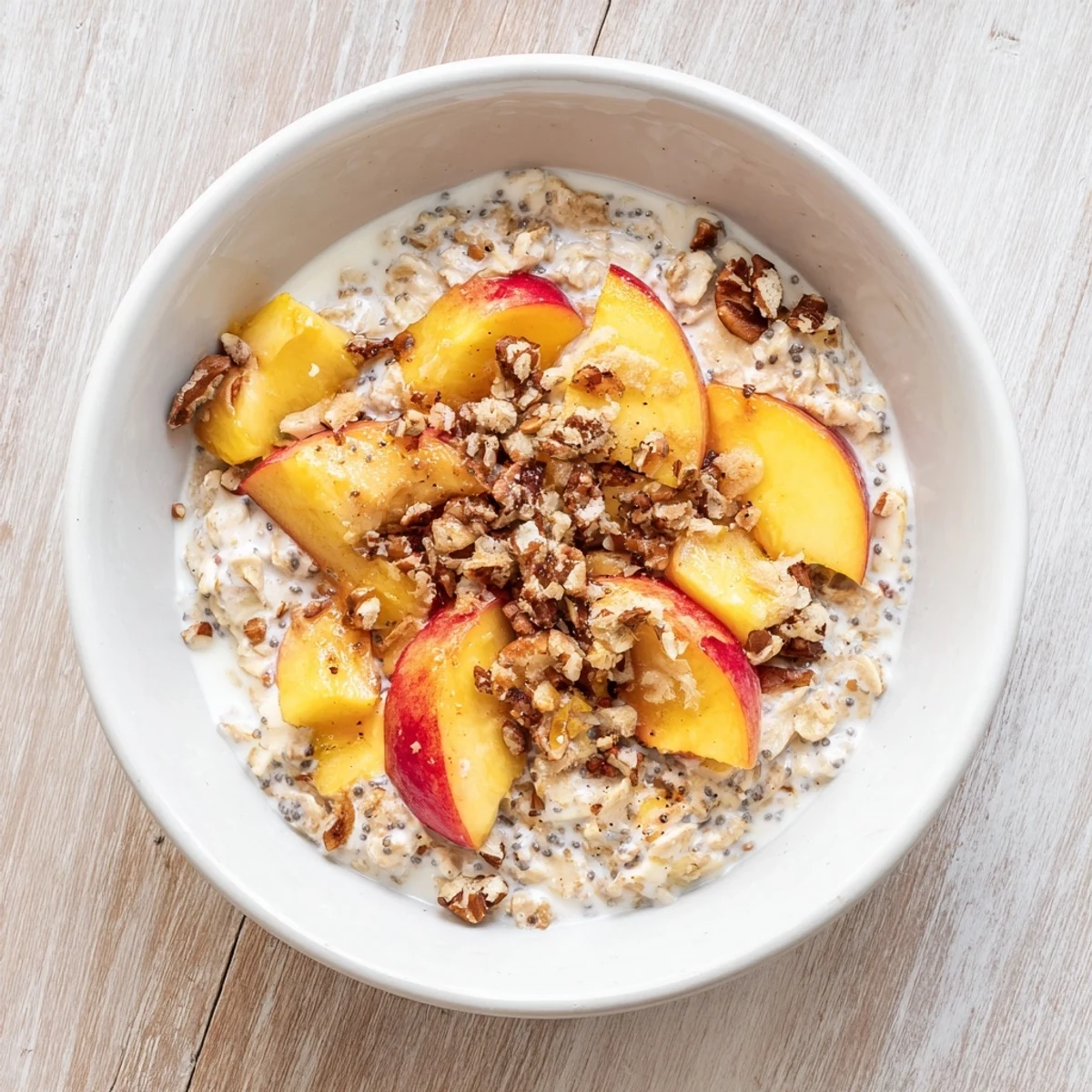 This Peach Cobbler Overnight Oats Breakfast Bowl features creamy oats layered with sweet peaches and crunchy pecans on top.