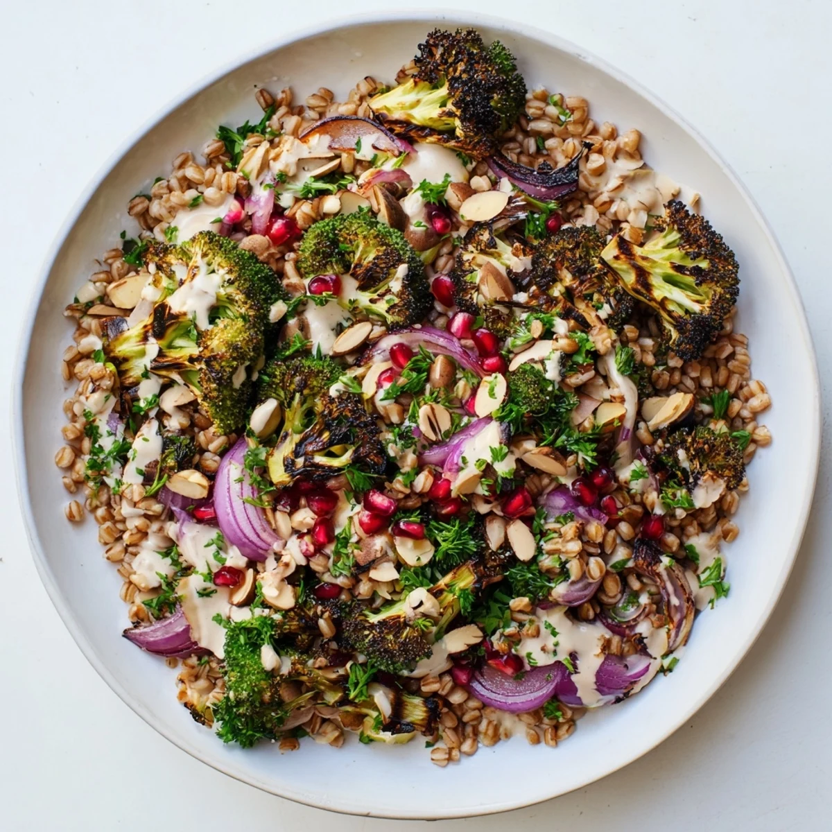 Charred Broccoli and Tahini Farro Grain Salad features creamy tahini dressing over hearty farro and onions.