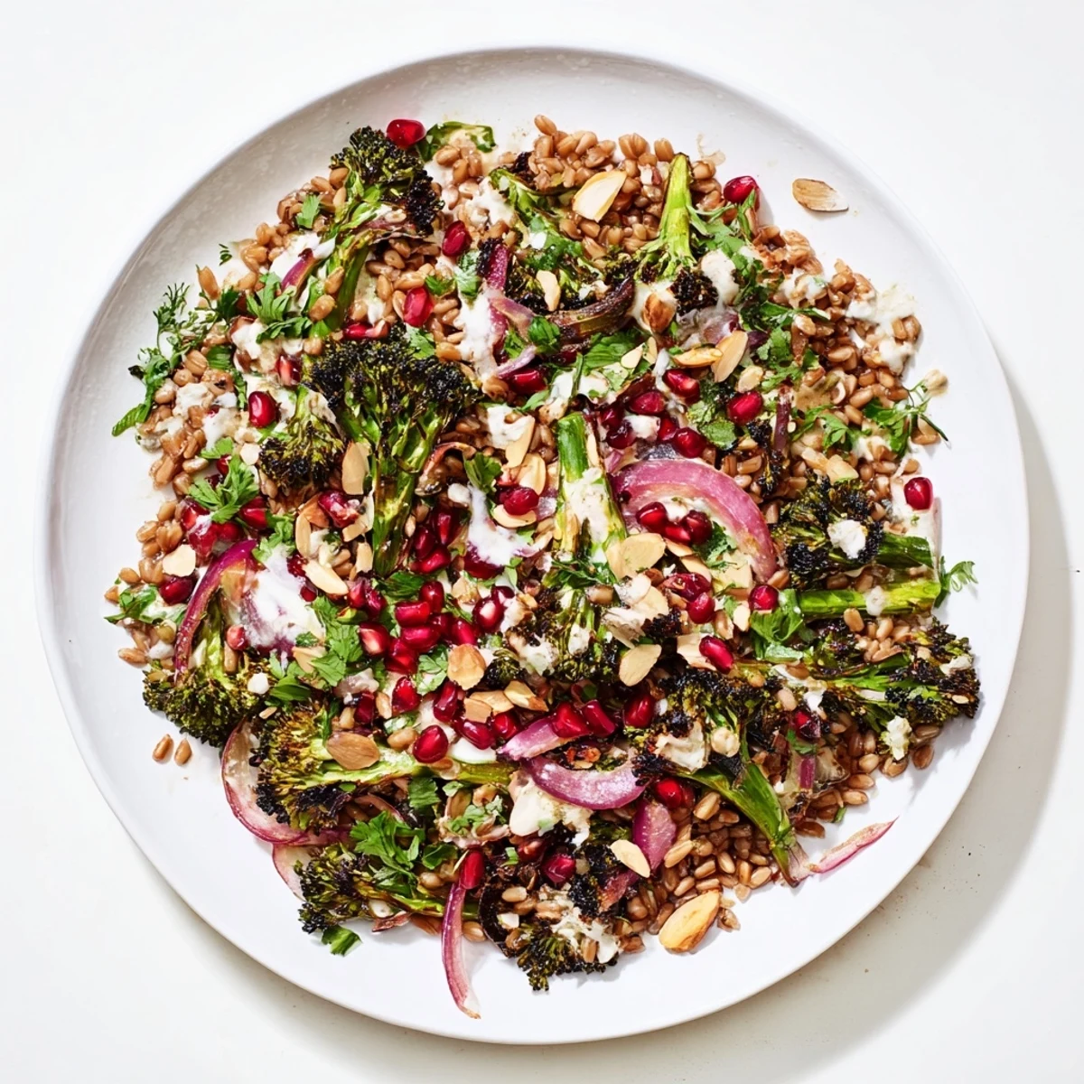 Savory Charred Broccoli and Tahini Farro Grain Salad with smoky florets and crunchy almonds on a platter.