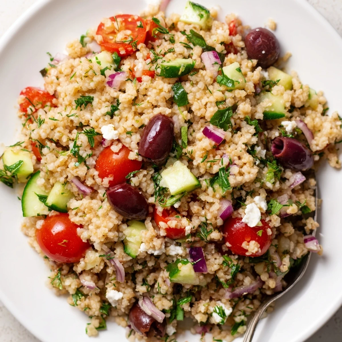 A close-up of Mediterranean Bulgur and Herb Grain Salad with cherry tomatoes and cucumber on a wooden table.