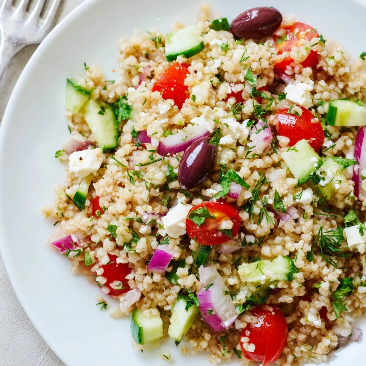 Overhead view of Mediterranean Bulgur and Herb Grain Salad with feta and olives served in a white ceramic bowl.