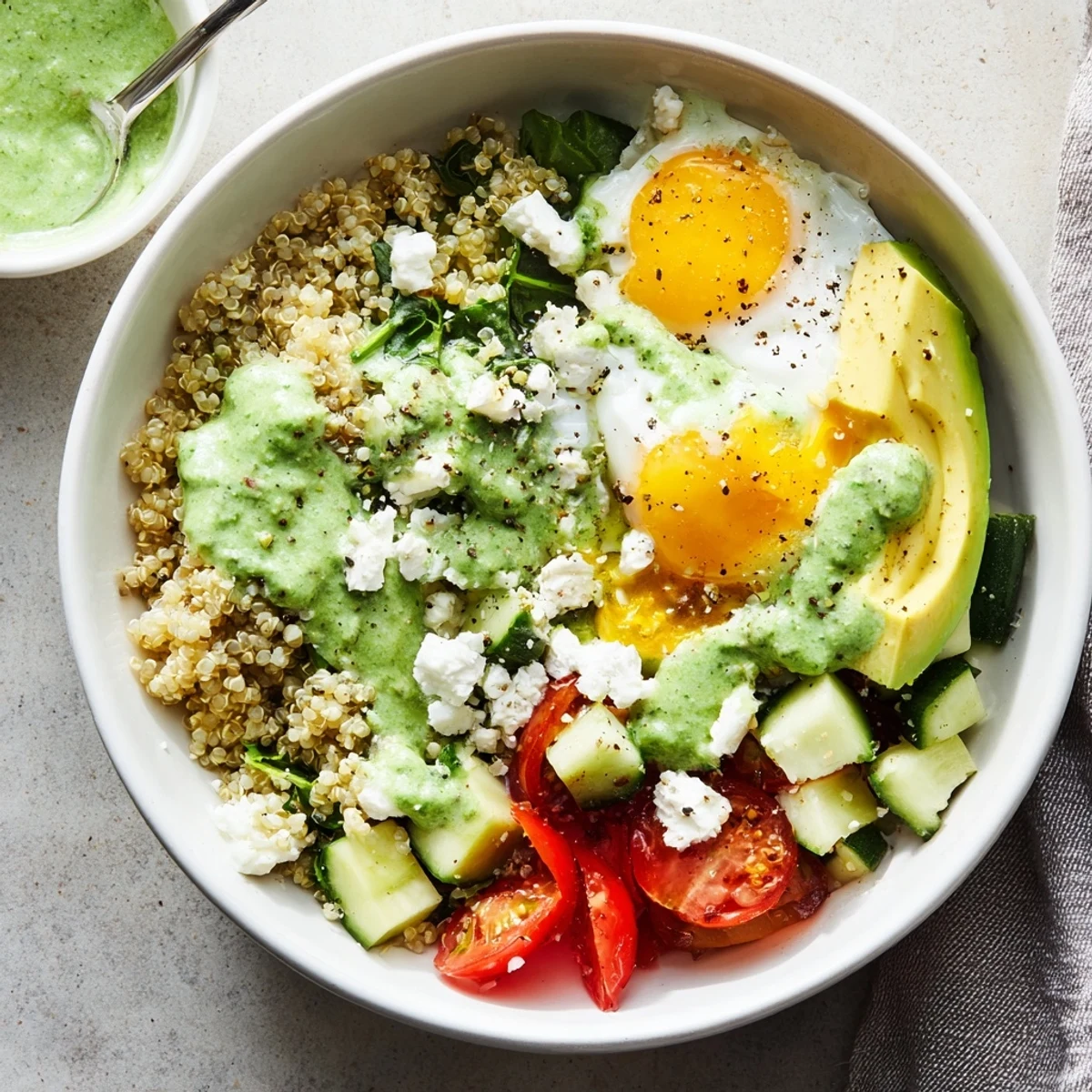 A close-up of the Savory Green Goddess Quinoa Breakfast Bowl showing crisp cucumber, juicy cherry tomatoes, and a drizzle of herbaceous dressing over a hearty vegetarian meal.