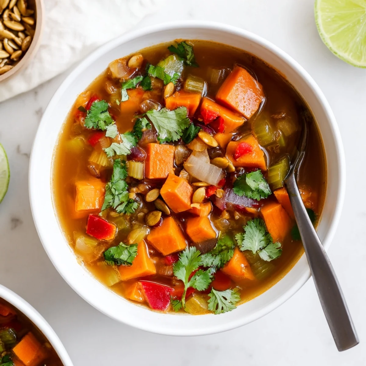 A close-up of Smoky Chipotle Sweet Potato Hearty Soup in a rustic bowl, topped with fresh cilantro and diced avocado.