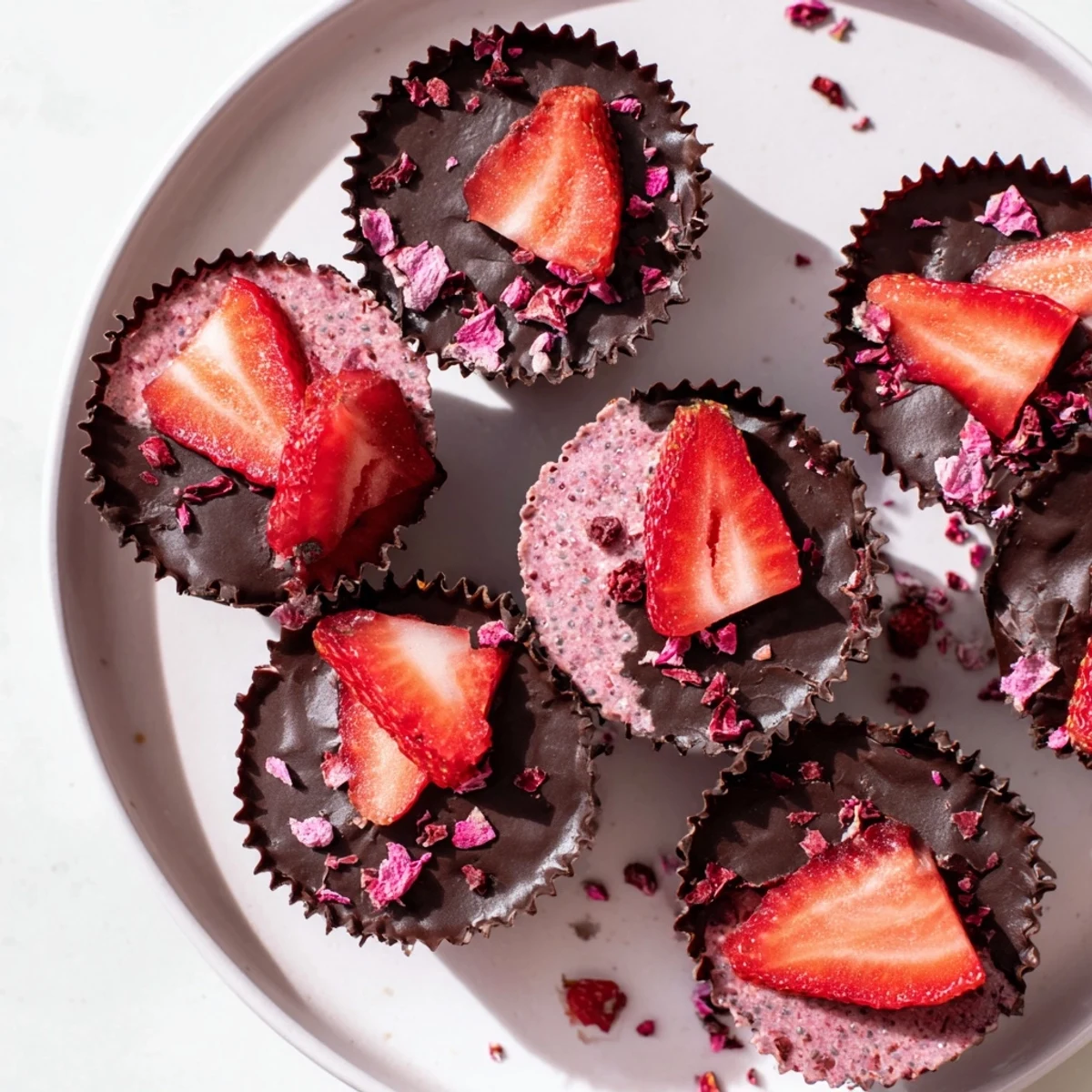 A close-up reveals the layered texture of creamy strawberry chia pudding inside each Chocolate Covered Strawberry Chia Cup.