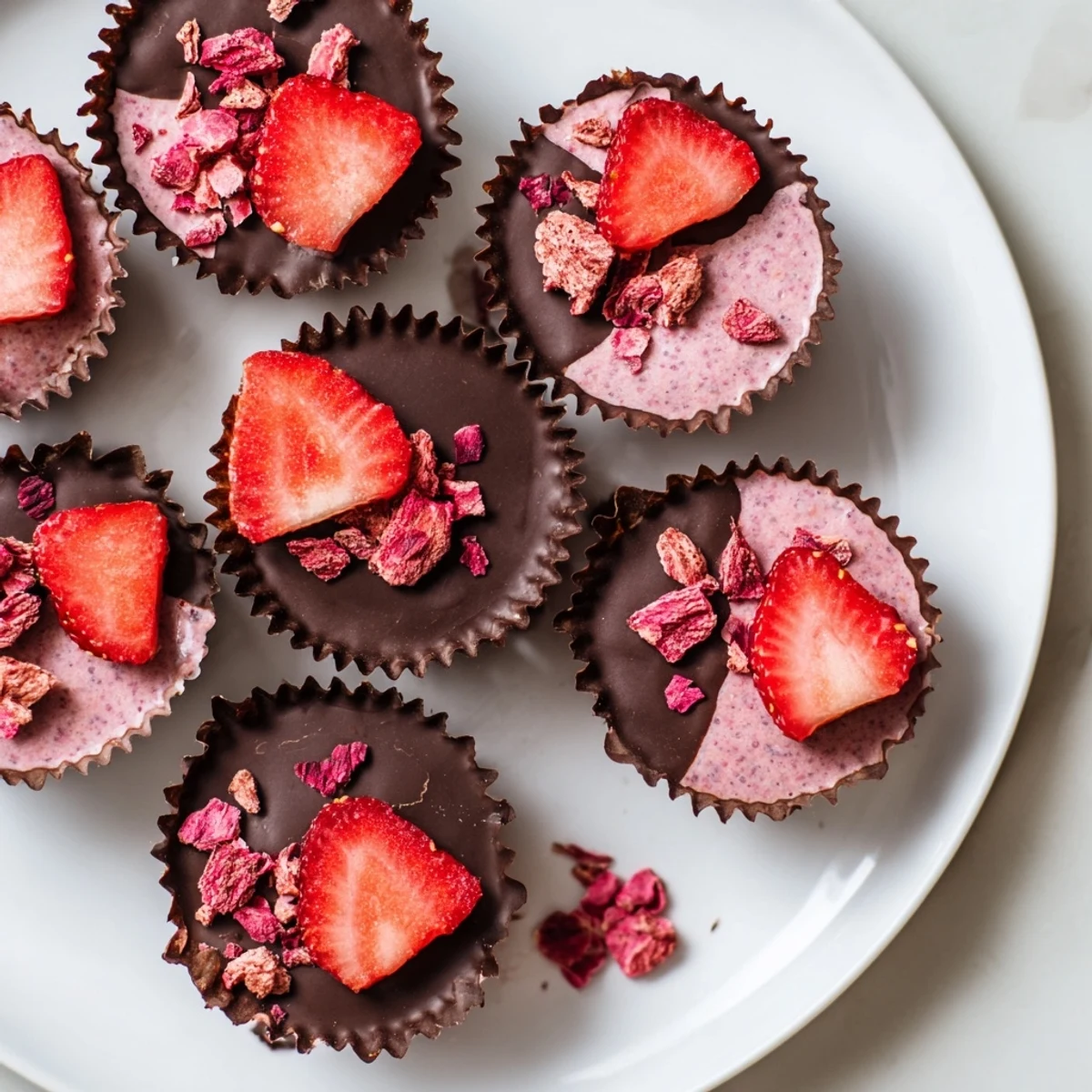 Chocolate Covered Strawberry Chia Cups show glossy dark chocolate shells topped with fresh strawberry slices on a white plate.